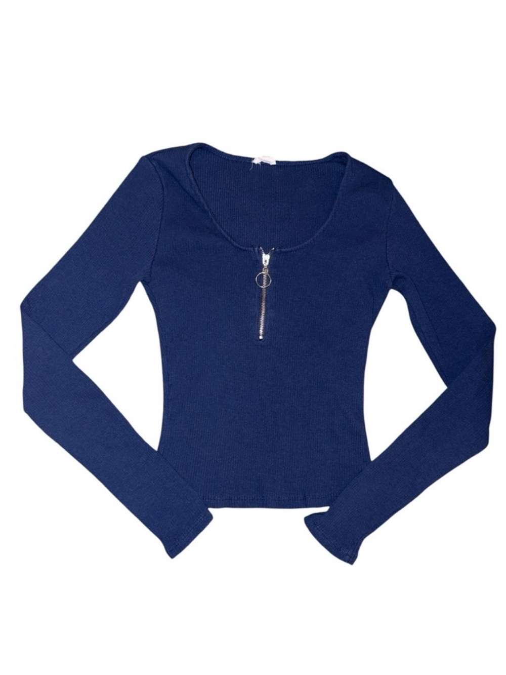 Garage Navy Long Sleeve Ribbed Top with Silver Ring Zip